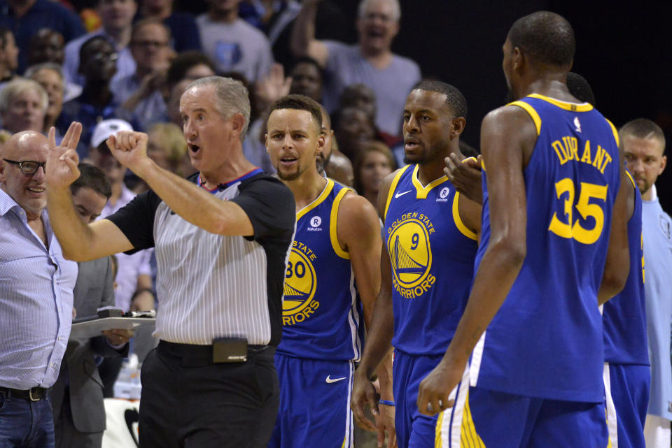 Stephen Curry and Kevin Durant were both ejected late in the fourth quarter against the Memphis Grizzlies after Curry threw his mouthguard towards a referee (AP)