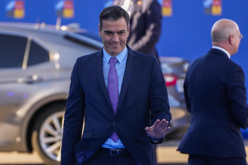 Spanish Prime Minister Pedro Sanchez arrives for the NATO summit in Madrid, Spain, on Thursday, June 30, 2022. North Atlantic Treaty Organization heads of state will meet for a NATO summit in Madrid from Tuesday through Thursday. (AP Photo/Manu Fernandez)