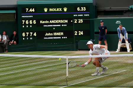 Tennis - Wimbledon - All England Lawn Tennis and Croquet Club, London, Britain - July 13, 2018. South Africa's Kevin Anderson in action during his semi final match against John Isner of the U.S. REUTERS/Andrew Boyers