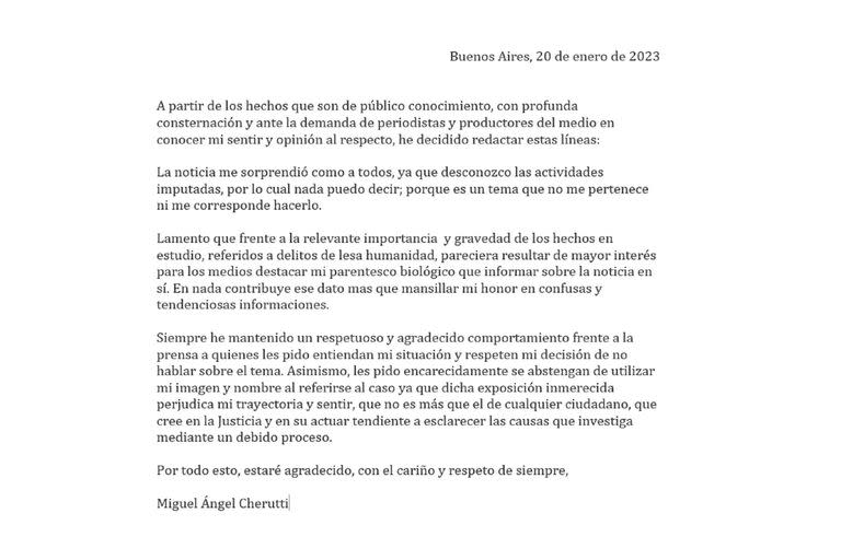 El comunicado difundido por Miguel Ángel Cherutti respecto del pedido de captura internacional sobre su hermano