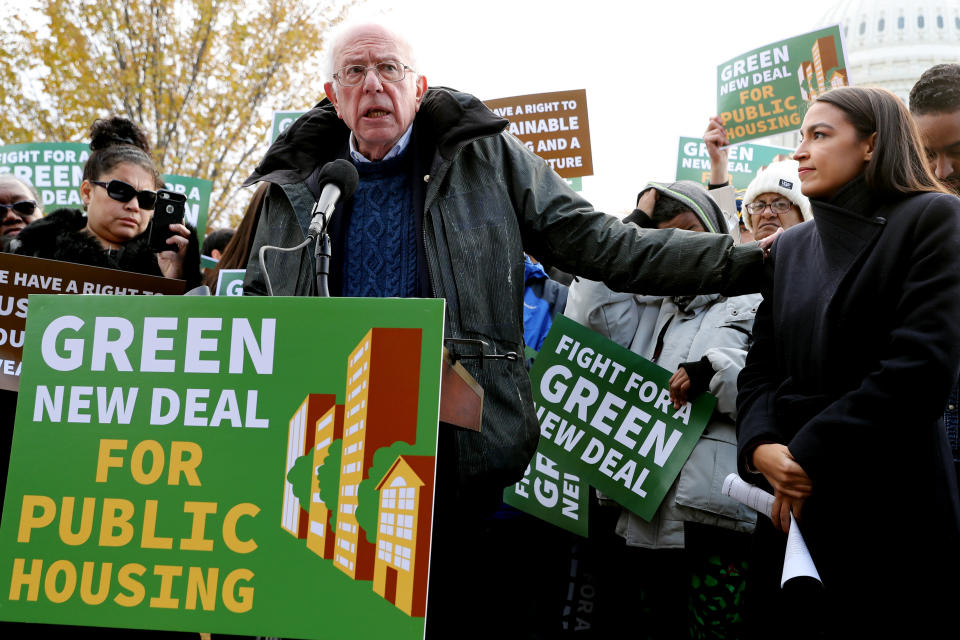 Sen. Bernie Sanders (I-Vt.), left, and Rep. Alexandria Ocasio-Cortez (D-N.Y.), who have both endorsed Jessica Cisneros, want to make Congress more receptive to their agenda. (Photo: Chip Somodevilla/Getty Images)