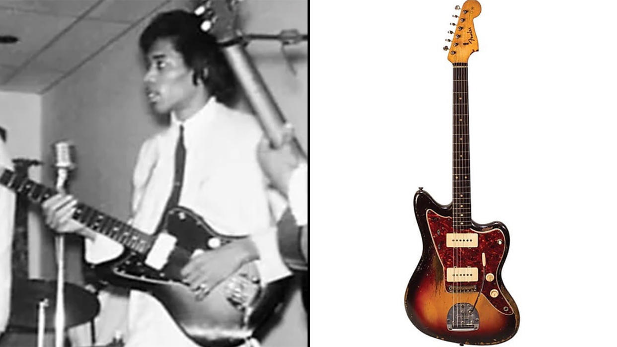  Jimi Hendrix plays his 1964 Fender Jazzmaster (left), Jimi Hendrix's 1964 Fender Jazzmaster 