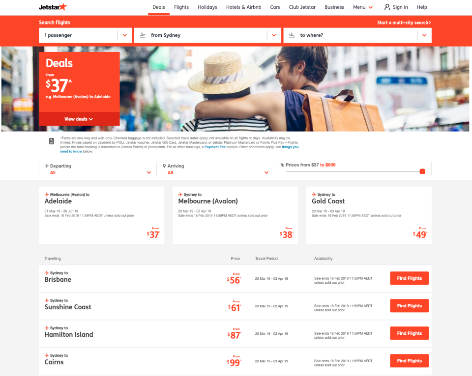 Jetstar’s ‘Endless Beaches’ Sale. <em>(Screenshot by Yahoo Finance)</em>