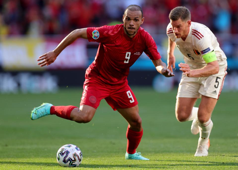 Denmark’s Martin Braithwaite (left) is targeting victory over Russia (AP)