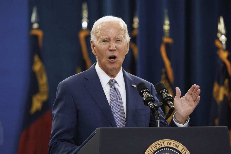 FILE - President Joe Biden speaks at an event in Raleigh, N.C., Jan. 18, 2024. Twenty-three million families will either have to pay more for internet or cancel their subscriptions altogether if a federal subsidy program to help with the monthly bill runs out of money in April, 2024. The potential expiration of the program comes as Biden recently touted his administration's goal of internet for all in North Carolina, where more than 900,000 families receive the benefit. (AP Photo/Ben McKeown)