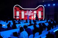 Members of the media attend the Alibaba Group's 11.11 Singles' Day global shopping festival, in Hangzhou