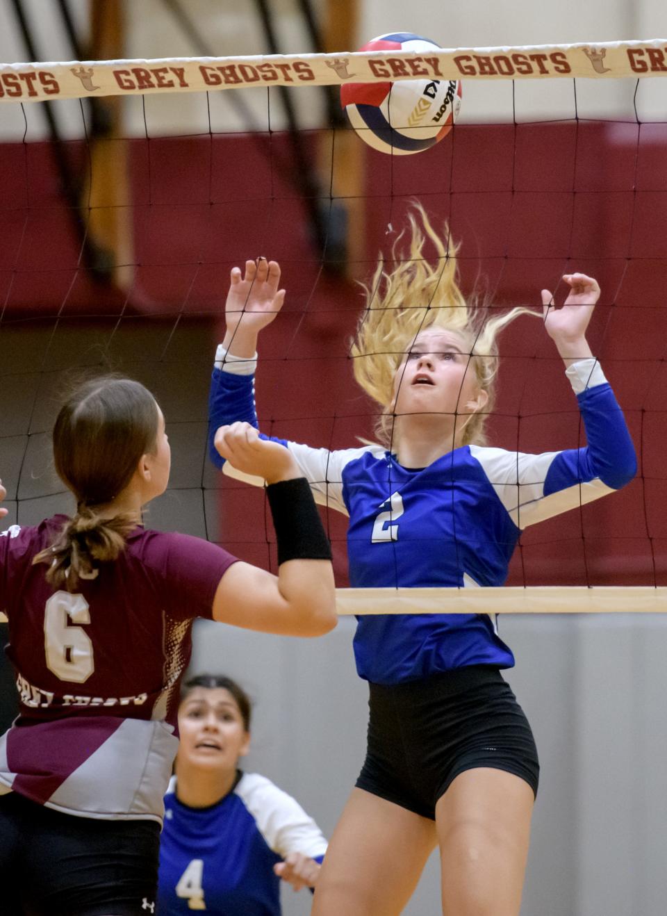 Limestone's Alayna Rudebeck (2) gets set to push a ball tipped over the net by IVC's Kylie McMorrow during their match Wednesday, Aug. 31, 2022 in Chillicothe.
