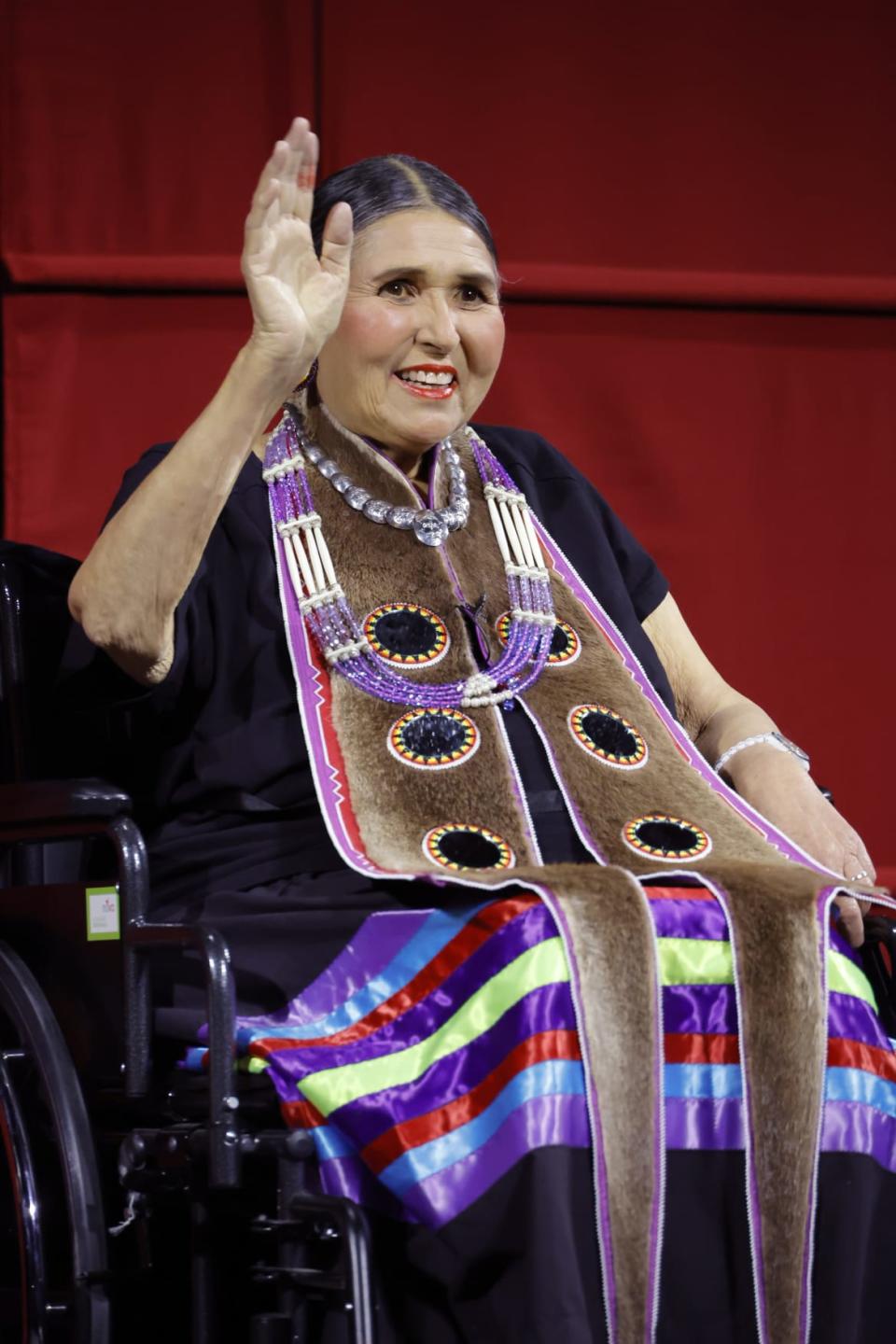 <div class="inline-image__caption"><p>Sacheen Littlefeather on stage at AMPAS Presents An Evening with Sacheen Littlefeather at Academy Museum of Motion Pictures on Sept. 17, 2022, in Los Angeles, California. </p></div> <div class="inline-image__credit">Frazer Harrison/Getty Images</div>
