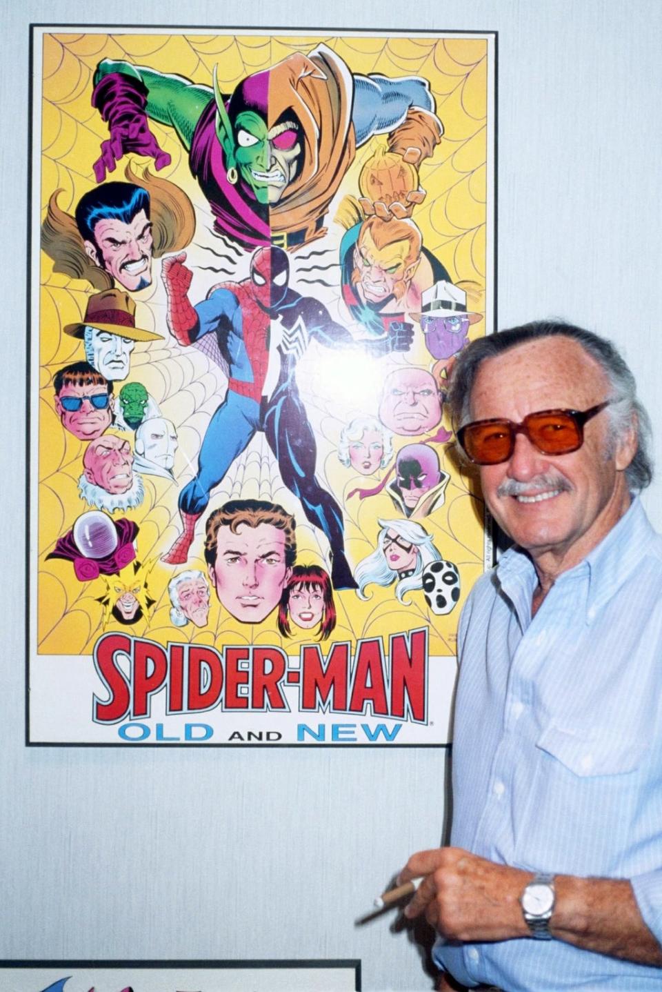 Stan Lee poses with ‘Spider-Man’ artwork in 1990 (Shutterstock)