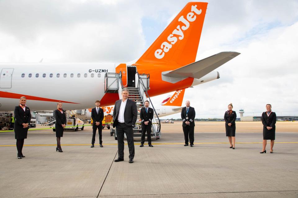 Johan Lundgren and cabin crew at Gatwick Airport (David Parry/PA) (PA Archive)