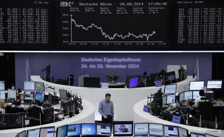 Traders are pictured at their desks in front of the DAX board at the Frankfurt stock exchange August 28, 2014. REUTERS/Remote/Pawel Kopczynski