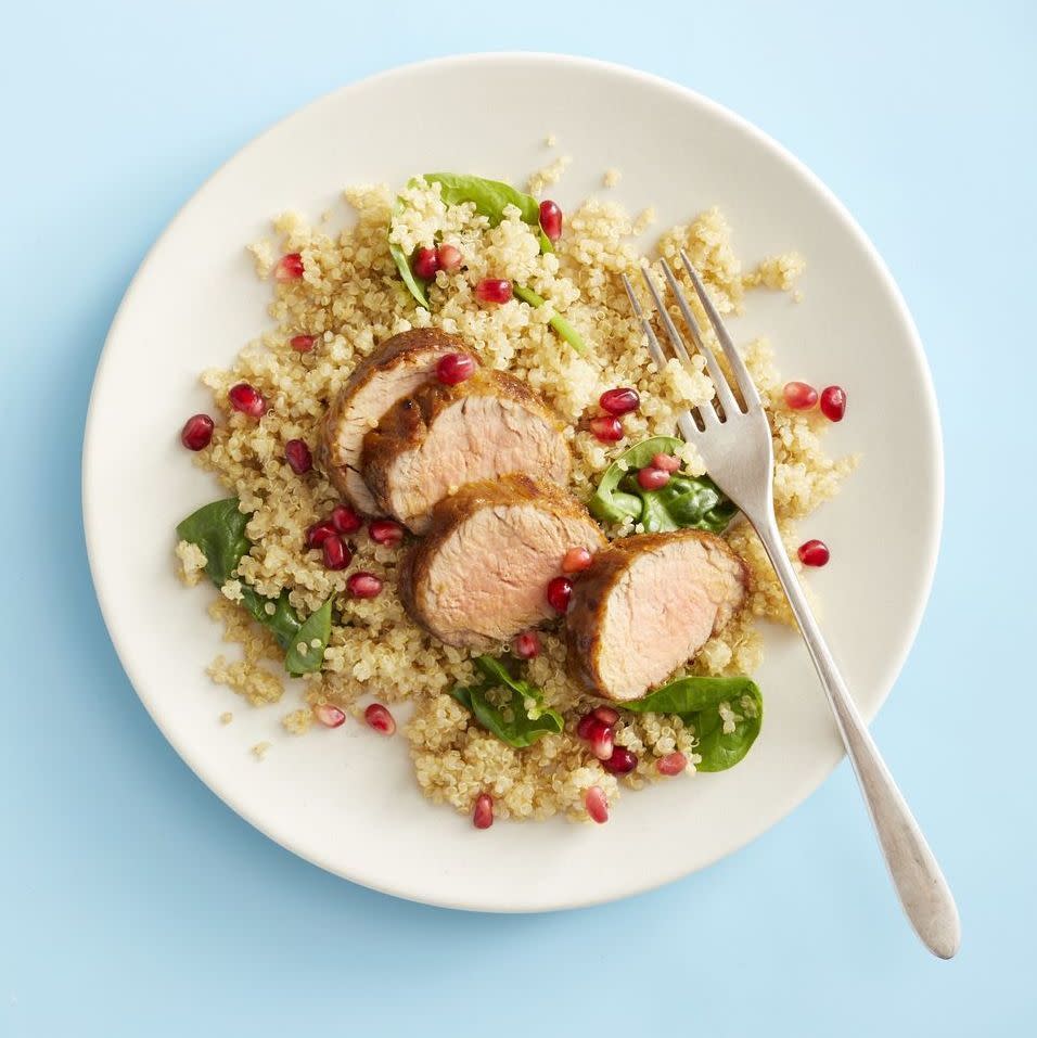 <p>Quinoa studded with pomegranate seeds adds a festive touch to perfectly cooked pork.</p><p>Get the <strong><a href="https://www.goodhousekeeping.com/food-recipes/a30392190/pork-tenderloin-with-quinoa-pilaf-recipe/" rel="nofollow noopener" target="_blank" data-ylk="slk:Pork Tenderloin with Quinoa Pilaf recipe" class="link ">Pork Tenderloin with Quinoa Pilaf recipe</a>.</strong></p>