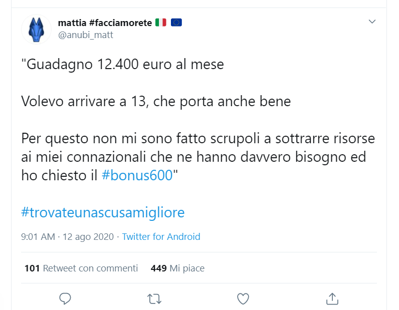 Usciti allo scoperto, i consiglieri hanno svelato i motivi per i quali avrebbero richiesto l'aiuto economico. Gli utenti hanno colto la palla al balzo e con l'hastag ##trovateunascusamigliore hanno invitato i "furbetti del bonus" a trovare una migliore giustificazione al loro comportamento contrario a ogni etica.