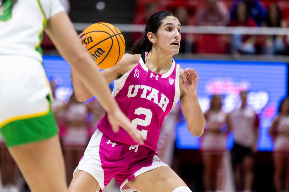 Utah Utes guard Inês Vieira (2) handles the ball during a game against the Oregon Ducks at the Huntsman Center in Salt Lake City on Saturday, Feb. 11, 2023. | Marielle Scott, Deseret News