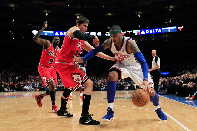 Carmelo Anthony commented on an Instagram post four times that claimed Kyle Korver is better than him. (Chris Trotman/Getty Images)