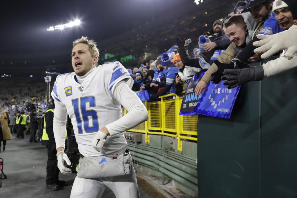 Detroit Lions quarterback Jared Goff celebrates following an NFL football game against the Green Bay Packers Sunday, Jan. 8, 2023, in Green Bay, Wis. The Lions won 20-16. (AP Photo/Matt Ludtke)