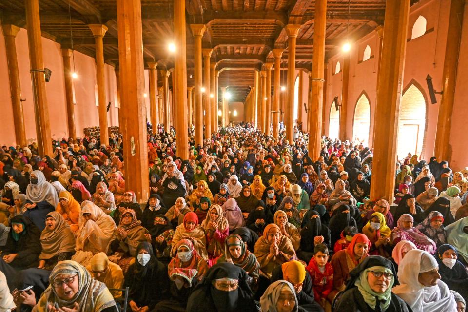 Muslim devotees offer last Friday prayers of the holy fasting month of Ramadan at the Jamia Masjid in Srinagar on April 21, 2023.