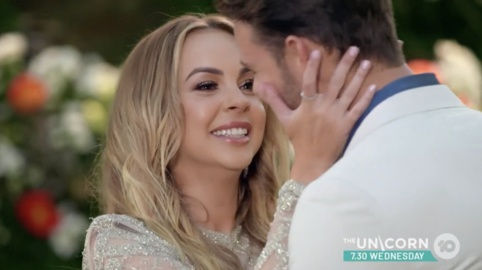 A photo of Angie Kent and winner Carlin Sterritt in the finale of The Bachelorette Australia 2019. Photo: Channel 10.