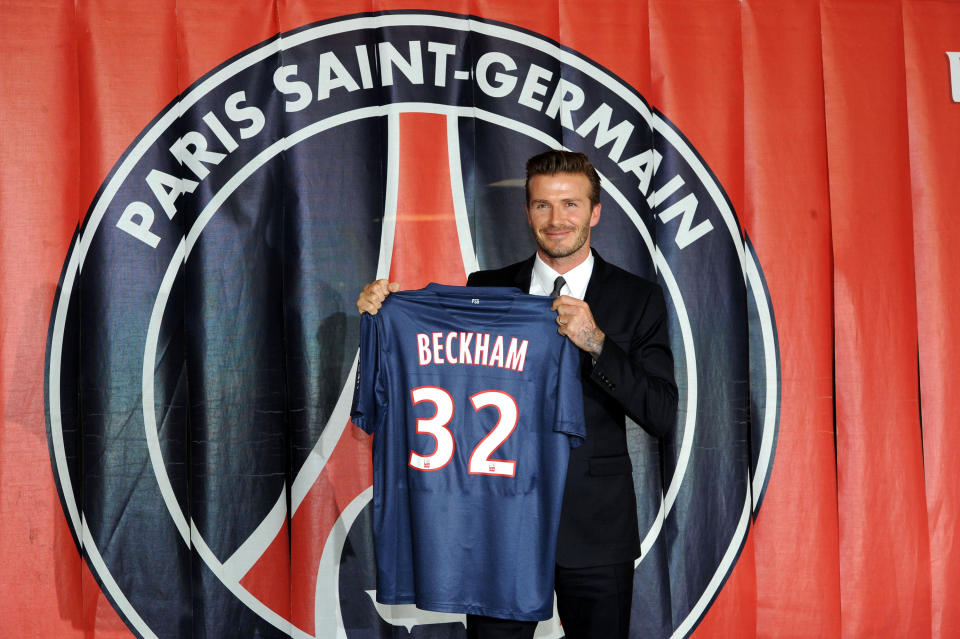 **Embargoed until 0001 May 2, 2020** File photo dated 31-01-2013 of Paris Saint Germain's David Beckham during the press conference at Parc des Princes, Paris.