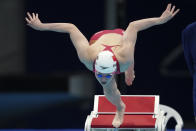 Zhang Yufei of China starts in the women's 200-meter butterfly final at the 2020 Summer Olympics, Thursday, July 29, 2021, in Tokyo, Japan. (AP Photo/Matthias Schrader)