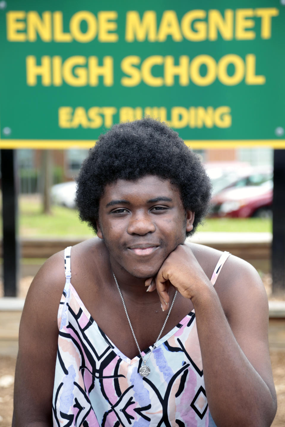 Graduating senior from Enloe High School Malika Mobley has concerns about proposed increases in police presence in schools following the recent Texas school shooting, Thursday, June 3, 2022, in Raleigh, N.C. To reassure students and educators following the mass shooting at a Texas elementary school, districts around the country pledged to boost security measures and increased the presence of law enforcement on campus. (AP Photo/Chris Seward)