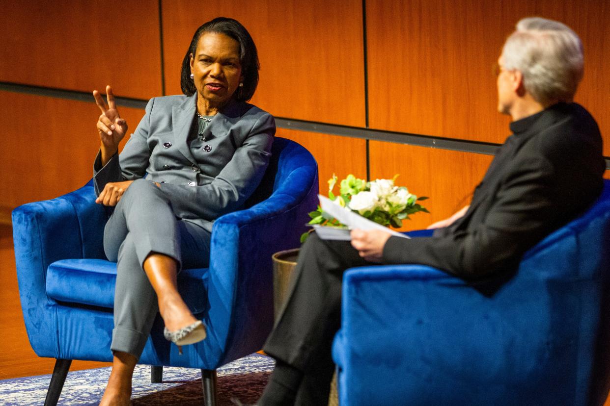 Former U.S. Secretary of State Condoleezza Rice talks with Notre Dame President Rev. John Jenkins during the "A Conversation With: Condoleezza Rice" event Thursday, April 28, 2022, at Notre Dame's Mendoza College of Business.