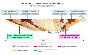 Oblique 3D view of the modelled Goose Site lower iron formation and main gold mineralization