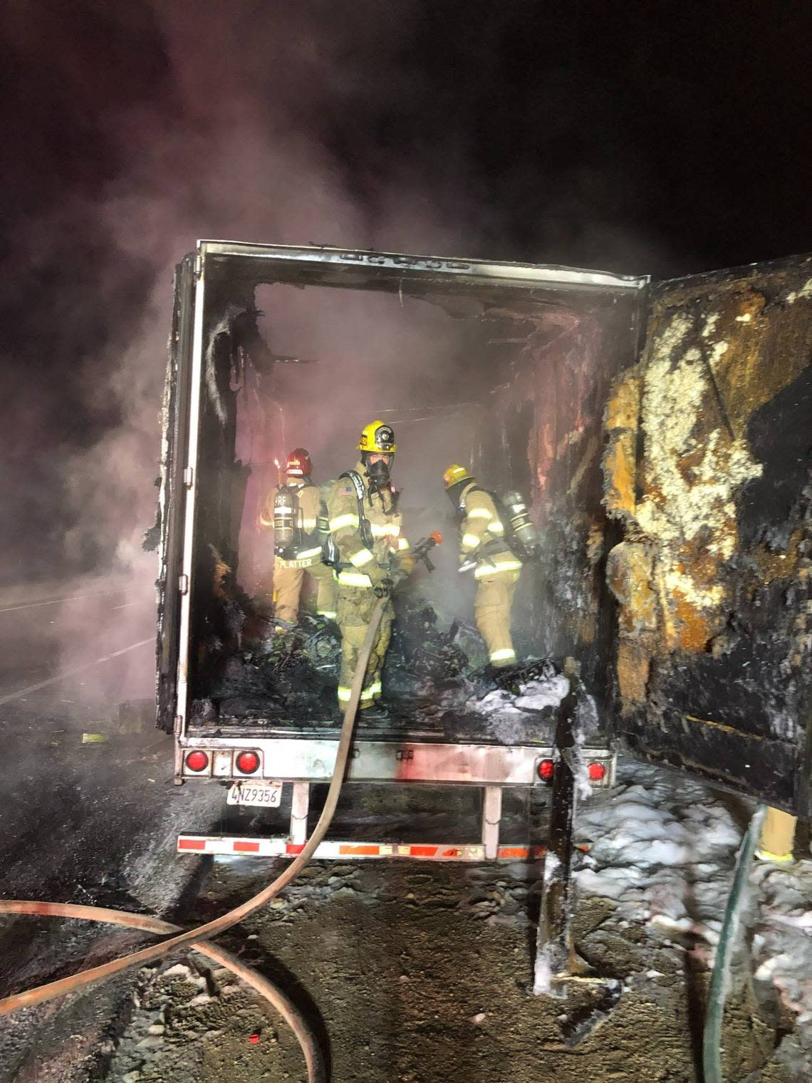 A semi-truck trailer filled with asparagus caught fire on Highway 46 East in Paso Robles around 4 a.m. on July 25, 2022.