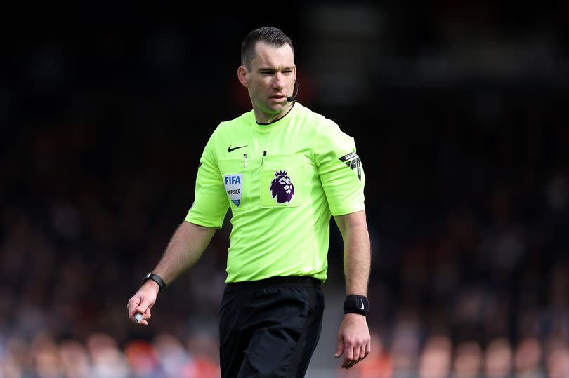 Referee Jarred Gillett in action during the Premier League match between Luton Town and Brentford FC at Kenilworth Road on April 20, 2024