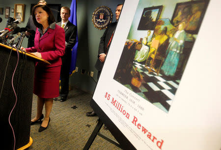 FILE PHOTO: United States Attorney Carmen Ortiz speaks during a press conference at the FBI's Boston Field Office held to appeal to the public for help in returning artwork stolen in 1990 from the Isabella Stewart Gardner Museum in Boston, Massachusetts March 18, 2013. REUTERS/Jessica Rinaldi/File Photo