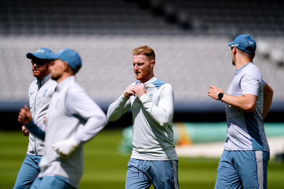 Pictured centre, England's newly appointed captain Ben Stokes trains ahead of the first Test against New Zealand. 