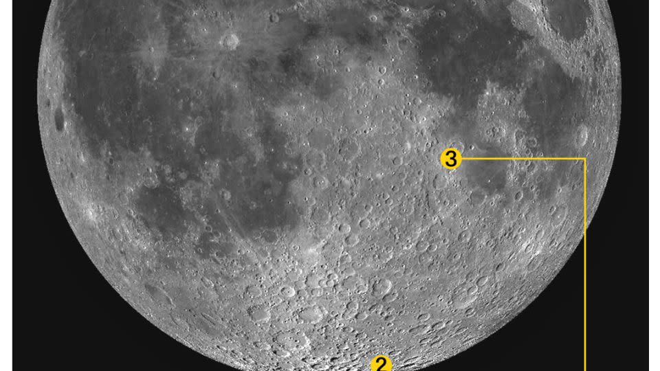 1) Odysseus' targeted landing site near the south pole. 2) The landing site of India's Chandryaan-2 mission. 3) The location of Japan's SLIM "Moon Sniper" mission. - CNN/NASA/JAXA/ISRO/lROC