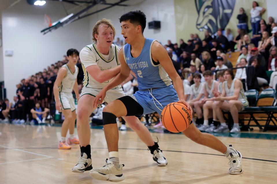 Ponte Vedra's David Sanchez Barrera (2), right, dribbles against Nease's Zach Buttacavoli (2) during the first quarter of Friday's boys basketball game.