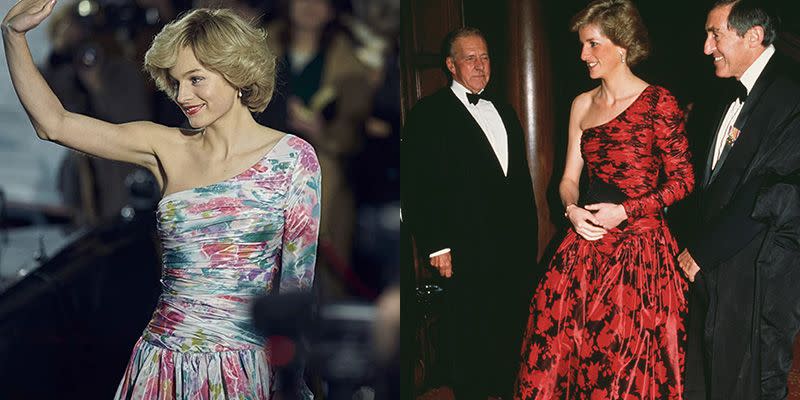 <p>It's likely the show's wardrobe team was inspired by Princess Diana's black and red ruched taffeta evening gown for the floral one-shoulder dress seen in season 4. Both gowns feature full skirts and drop-waists.</p><p><strong>RELATED</strong>: <a href="https://www.goodhousekeeping.com/beauty/hair/news/g4020/princess-diana-hair/" rel="nofollow noopener" target="_blank" data-ylk="slk:Princess Diana's Most Memorable Hairstyles Through the Years;elm:context_link;itc:0;sec:content-canvas" class="link ">Princess Diana's Most Memorable Hairstyles Through the Years</a></p>