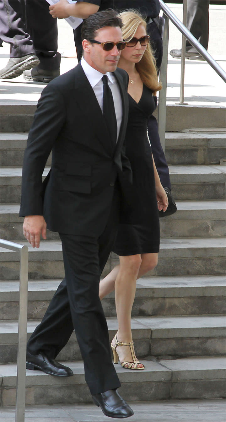 Jon Hamm and Jennifer Westfeldt attend the Nora Ephron Memorial Service on July 9, 2012 in New York City. (Photo by Rob Kim/Getty Images)