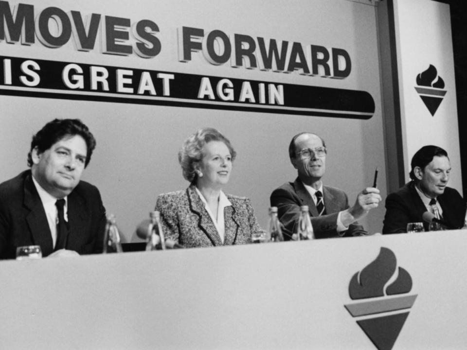 Lawson with, from left, Margaret Thatcher, Norman Tebbit and Paul Channon at an election conference in June 1987 (Getty)