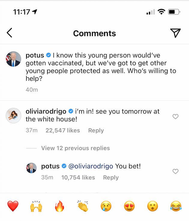 Olivia Rodrigo announced a visit to the White House in the comments of the POTUS Instragram page. (Photo: Instagram/Potus)