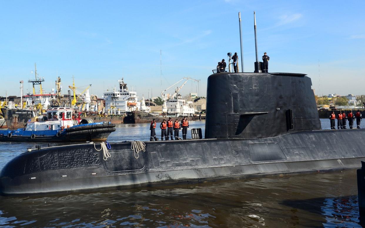 The Argentine military submarine ARA San Juan and crew are seen as they leave the port of Buenos Aires - REUTERS