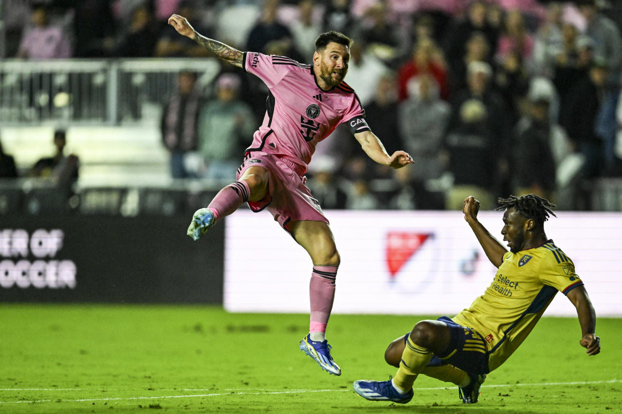 Inter Miami's Argentine forward #10 Lionel Messi hits the ball during the MLS football match between Real Salt Lake and Inter Miami CF at Chase Stadium in Fort Lauderdale, Florida, February 21, 2024. (Photo by Chandan Khanna / AFP) (Photo by CHANDAN KHANNA/AFP via Getty Images)