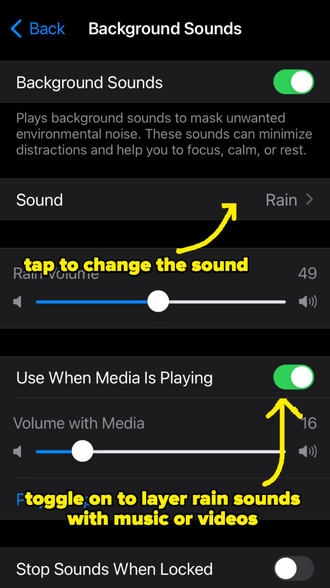 Phone settings screen showing options for background sounds. Background sounds are turned on, set to "Rain," play at a volume of 49, and are used when media is playing