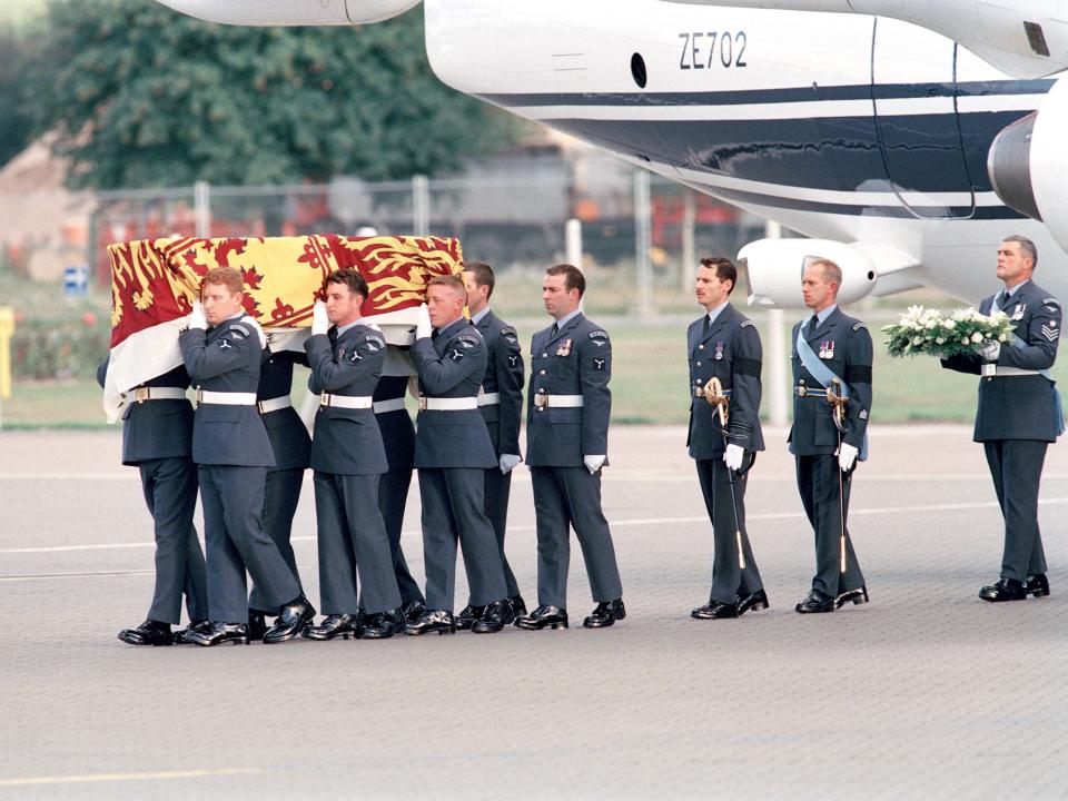 The coffin of Diana, Princess of Wales, arriving at RAF Northolt in London from Paris after her death in a car crash on August 31, 1997.