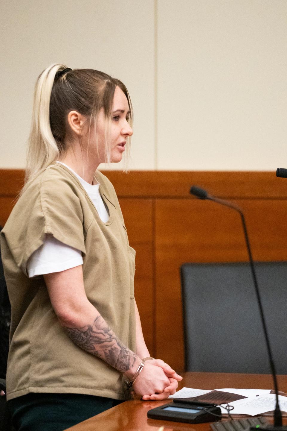 Payton Shires, 27, who pleaded guilty to having a sexual relationship with a 13-year-old male client while she was a youth counselor, is sentenced to four years and nine months in prison by Franklin County Common Pleas Court Judge Mark Serrott.