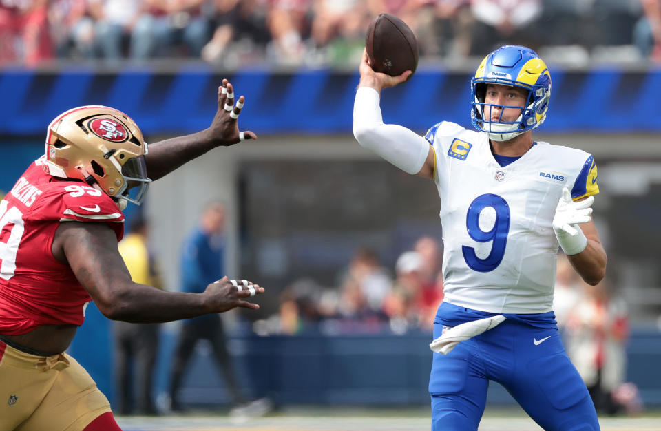 Inglewood, Calif., Sept. 22, 2024 - Rams quarterback Matthew Stafford throws a pass in front of 49ers defensive lineman Malik Collins during the second quarter at SoFi Stadium in Inglewood on Sunday. (Wally Skalij/Los Angeles Times via Getty Images)