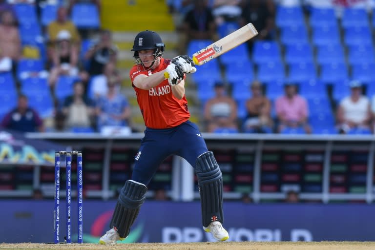 On the attack: England's Harry Brook hits a boundary on his way to 47 not out in a T20 World Cup match against Namibia in Antigua (Randy Brooks)