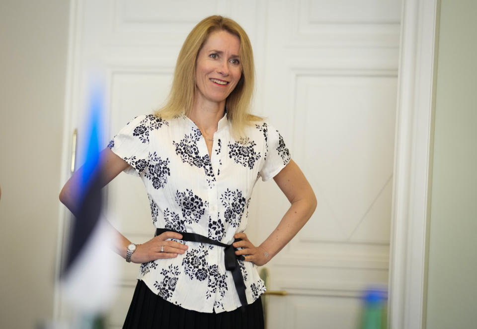 Prime Minister of Estonia, Kaja Kallas speaks during an interview with The Associated Press in Tallinn, Estonia, Wednesday, June 22, 2022. Kallas called European unity on the war in Ukraine “a negative surprise” for Russian President Vladimir Putin. Still, she told The Associated Press in an interview on Wednesday, one shouldn’t underestimate Moscow’s military capabilities, because “they are in this for the long haul.” (AP Photo/Sergei Grits)