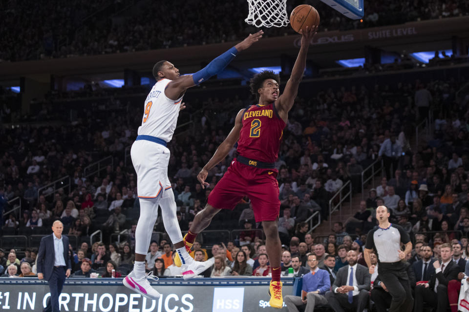 Cleveland Cavaliers guard Collin Sexton (2) goes to the basket past New York Knicks guard RJ Barrett (9) during the second half of an NBA basketball game Sunday, Nov. 10, 2019, at Madison Square Garden in New York. The Cavaliers won 108-87. (AP Photo/Mary Altaffer)