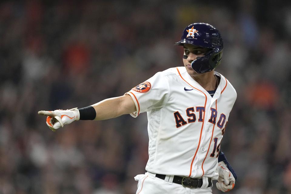 Houston Astros' Mauricio Dubon celebrates after hitting a home run against the Washington Nationals during the fifth inning of a baseball game Tuesday, June 13, 2023, in Houston. (AP Photo/David J. Phillip)