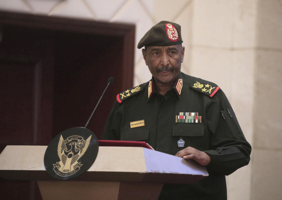 FILE - Sudan's Army chief Gen. Abdel-Fattah Burhan speaks following the signature of an initial deal aimed at ending a deep crisis caused by last year's military coup, in Khartoum, Sudan, on Dec. 5, 2022. The head of Sudan’s army warned Thursday Aug. 31, 2023 that the northeast African country will be divided if the conflict between the military and rival paramilitary force is not resolved. (AP Photo/Marwan Ali, File)