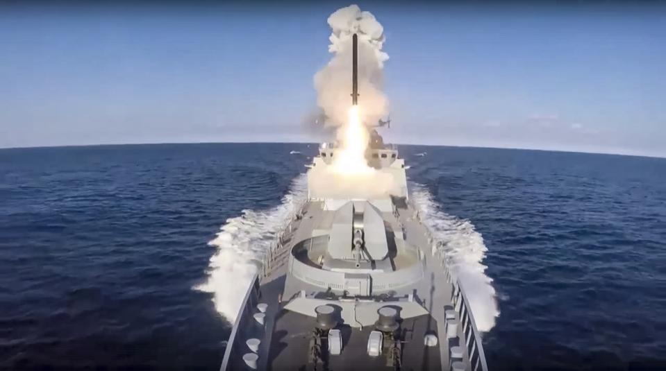 FILE - In this photo released by the Russian Defense Ministry Press Service released on June 19, 2022, the Russian frigate of the Black Sea Fleet from the Black Sea launches a Caliber cruise missile at designated ground targets on a mission at an undisclosed location in Ukraine. Successful Ukrainian drone and missile strikes have provided a major morale boost for Kyiv at a time when its undermanned and under-gunned forces are facing Russian attacks along the more than 1,000-kilometer front line. Challenging Russia’s naval superiority also has helped create more favorable conditions for Ukrainian grain exports and other shipments from the country’s Black Sea ports. (Russian Defense Ministry Press Service via AP, File)