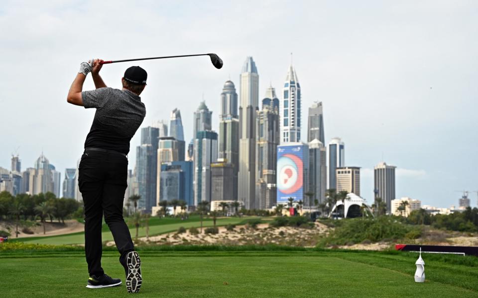 Eddie Pepperell tees off from the ninth during the second round of the Omega Dubai Desert Classic - Getty Images Europe